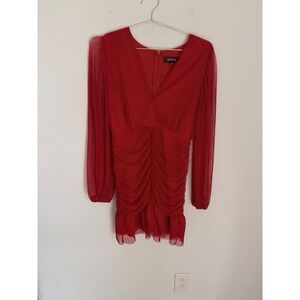 4SI3NNA Red Tulle V Neck Long Sleeve Mini Dress Size S